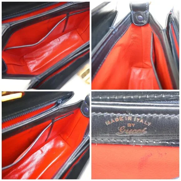 GUCCI Logo Shoulder Hand Bag Leather Navy Blue GHW Italy 35KB070